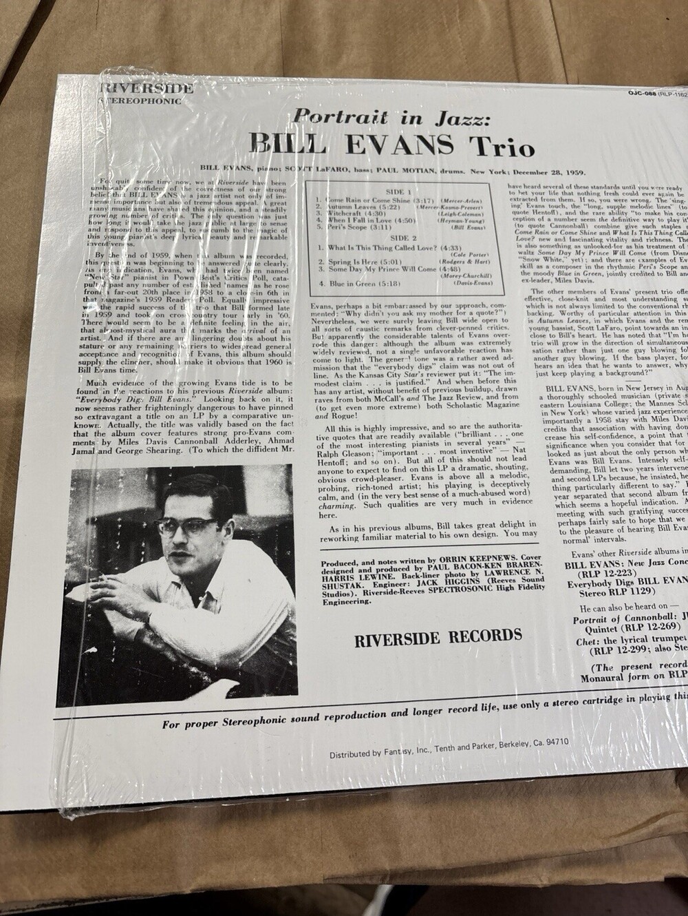 BILL EVANS PORTRAIT IN JAZZ RIVERSIDE MW2062 1LP